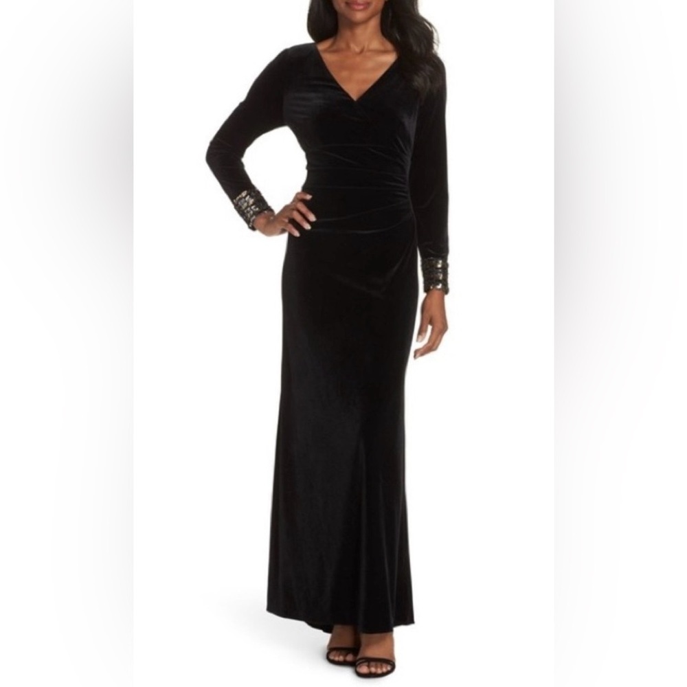 Vince Camuto Velvet Sequin Cuff Long Sleeve Gown - Picture 7 of 11